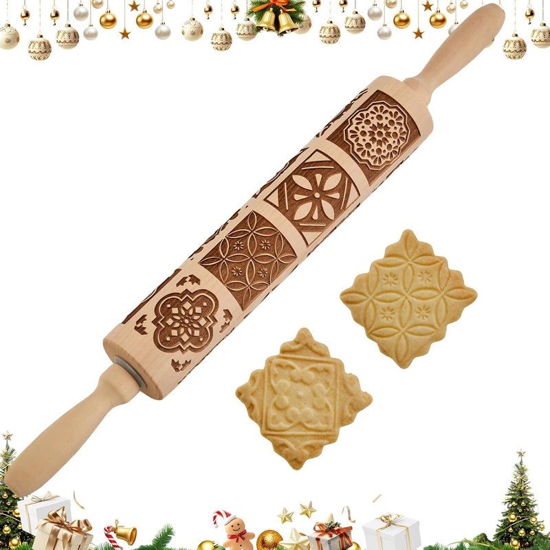 GOBAM Embossed Rolling Pin for Cookies, Engraved Wooden Rolling Pin for Baking, Deep Pattern Cookie Roller for Christmas, Holiday, DIY Kitchen Decor and Gift - Vintage Tile - Image 1